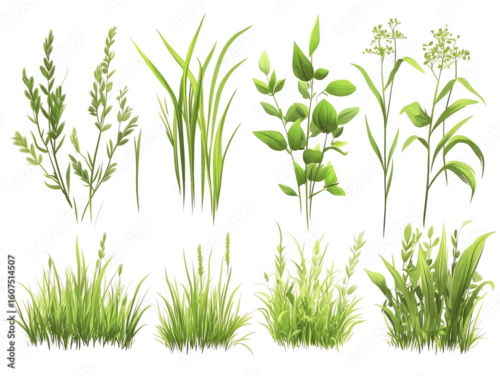 Fototapeta premium Varied cartoon grass bunches tall, leafy, clumpy, on a white backdrop