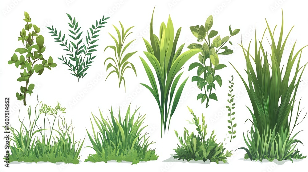 Obraz premium Varied cartoon grass bunches tall, leafy, clumpy, on a white backdrop