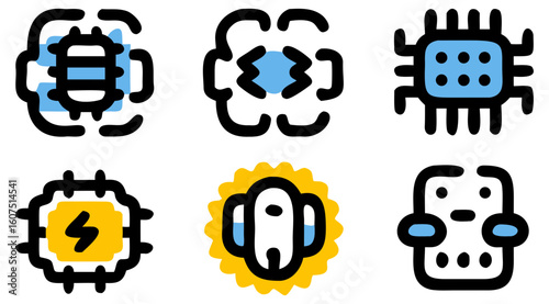 Collection of technology icons featuring circuit boards microchips processors and various electronic components designs transparent background