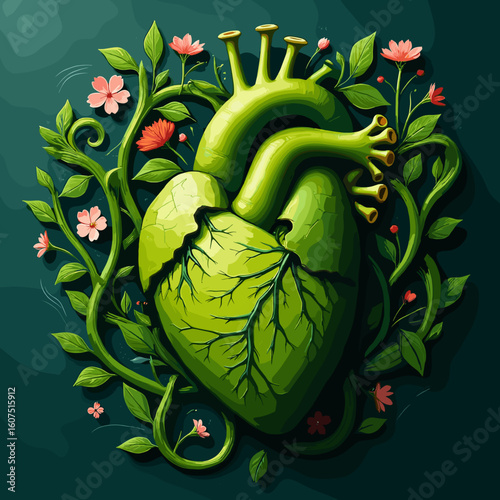 Surreal Green Heart with Lungs Interwoven with Plants – Symbolic Nature Connection Illustration