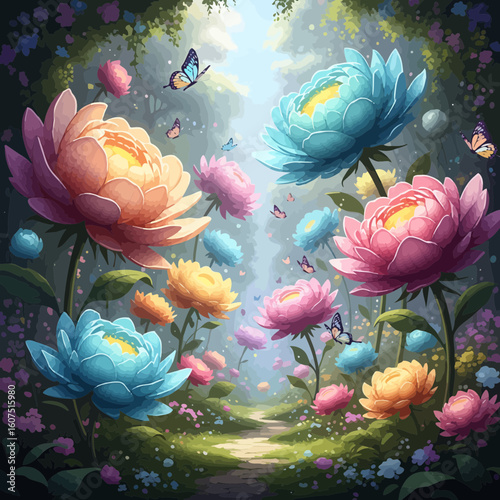 A magical garden path leading through vibrant, colorful blooms with butterflies.