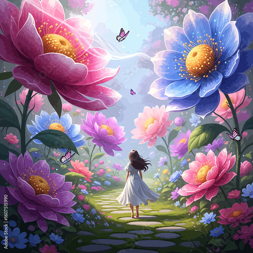 A girl walking in a fairy tale garden of huge flowers.