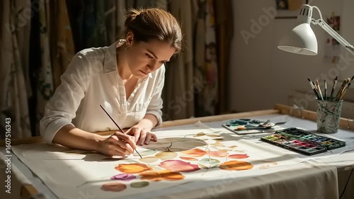 Young female artist painting flowers with watercolors in a bright studio