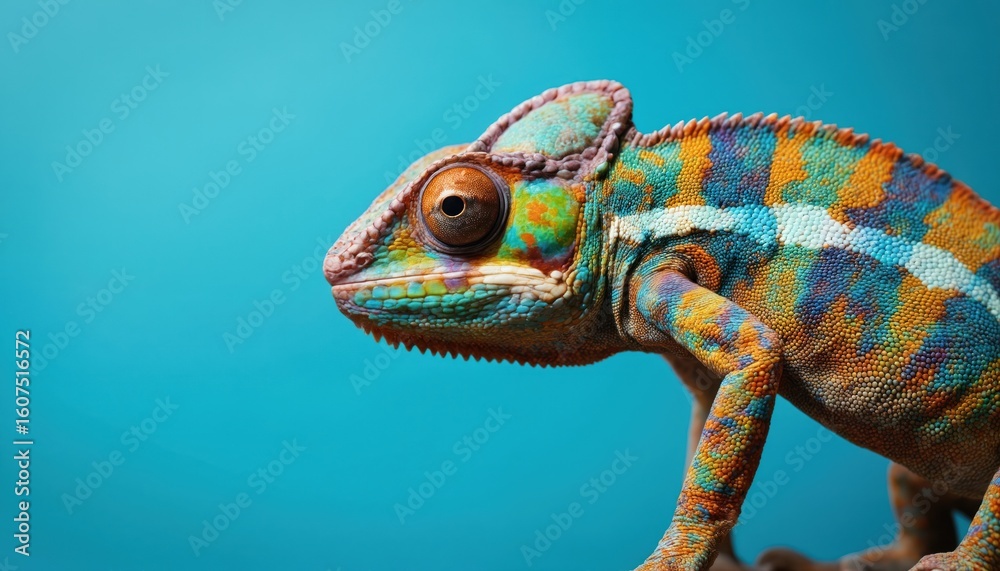 Fototapeta premium Vibrant chameleon stands out on blue background. Predominantly blue, red colors on body, head, legs. Open eyes looking left add movement to scene. Chameleon colorful skin is blend of blue, red hues.
