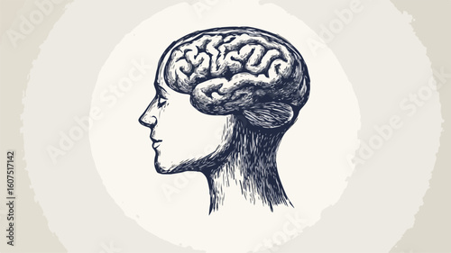 Detailed Drawing of Human Head with Brain Illustration for Medical Education