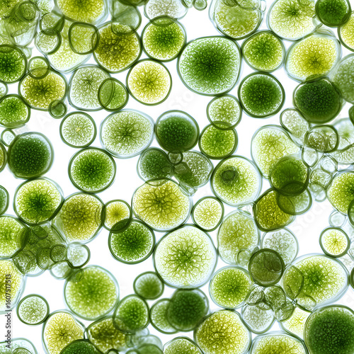 microscopic view of chlorella vulgaris, super zoomed in, cells are clearly visible, algae covering the whole image in transparent background