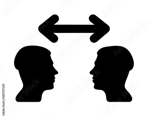 Two human profiles facing each other with communication arrows above them