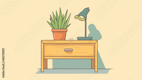 Modern Bedside Table with Green Plant Cartoon Vector Illustration