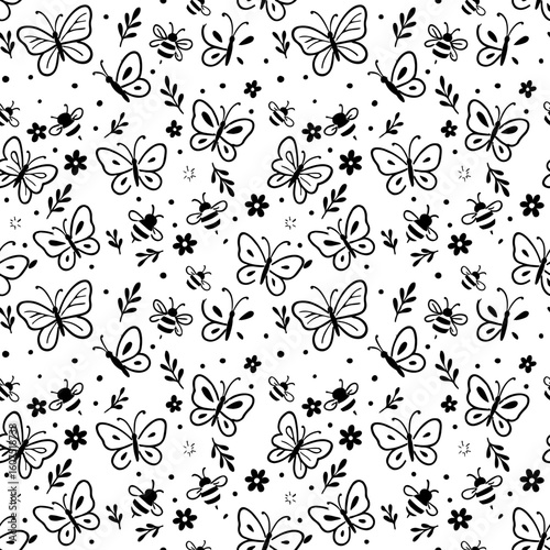 Seamless black and white pattern with hand-drawn doodles of butterflies, bees, flowers, and leaves. A whimsical and simple nature illustration perfect for modern, minimalist projects