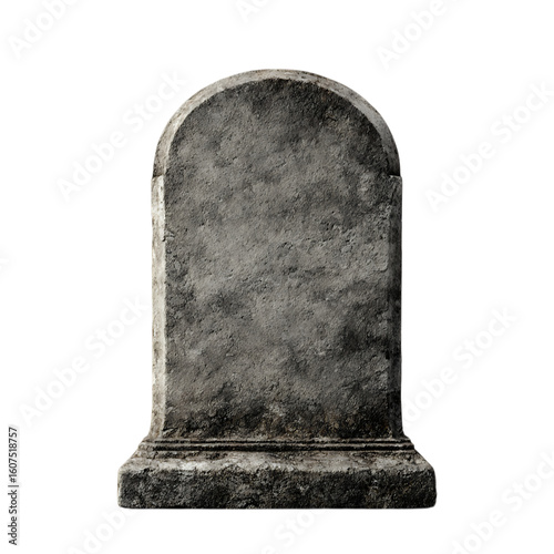 Aged stone memorial marker with rounded top isolated on a transparent background weathered