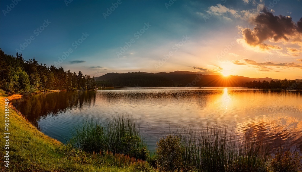 Fototapeta premium a lake with a sunset in the background