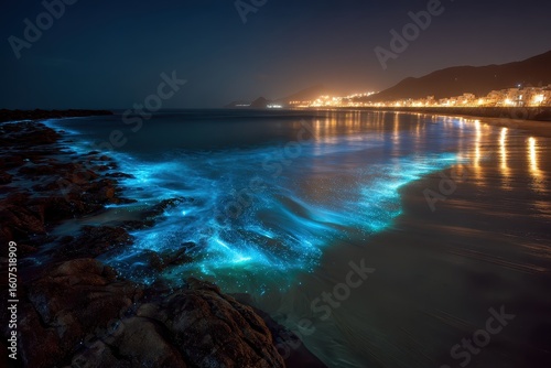 Bioluminescent Waves at Night Beach.