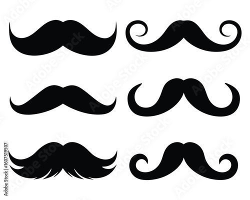 Six black mustaches various styles facial hair white background