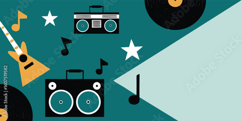 A colorful poster featuring a variety of musical instruments and accessories arranged artistically..eps