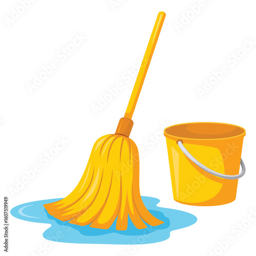 Yellow mop and bucket ready for cleaning a wet floor