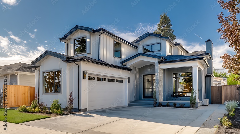Fototapeta premium Modern Farmhouse stands ready for occupancy. Design, architecture, real estate, construction concept for web, marketing, editorial.