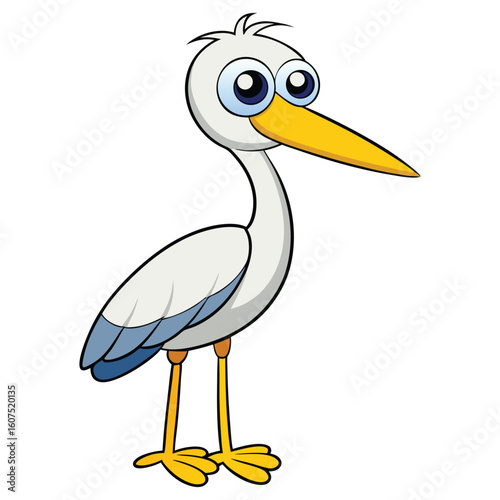 Whimsical white bird with blue wings and yellow beak