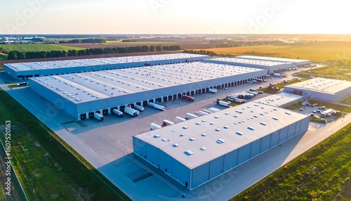 Aerial view of large warehouse complex.  Trucks parked within.  Fields and vegetation surround.  Sunrise/sunset light.  Modern, industrial