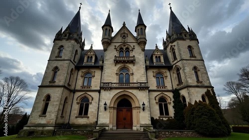 Wallpaper Mural Low angle view of a large gothic style castle with towers under a cloudy sky day time Torontodigital.ca