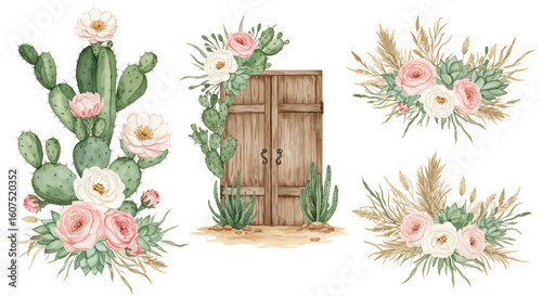 Fototapeta Naklejka Na Ścianę i Meble -  Bohemian desert floral arrangements with cactus and rustic door