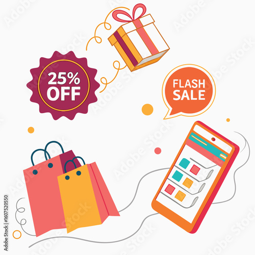Dynamic e commerce sale graphic featuring floating discount elements and vibrant colors perfect for promotional campaigns and online retail advertising