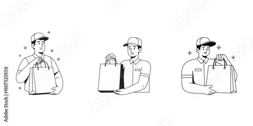 Minimal line art delivery workers illustration showing parcel handover with shopping bags and casual outfit