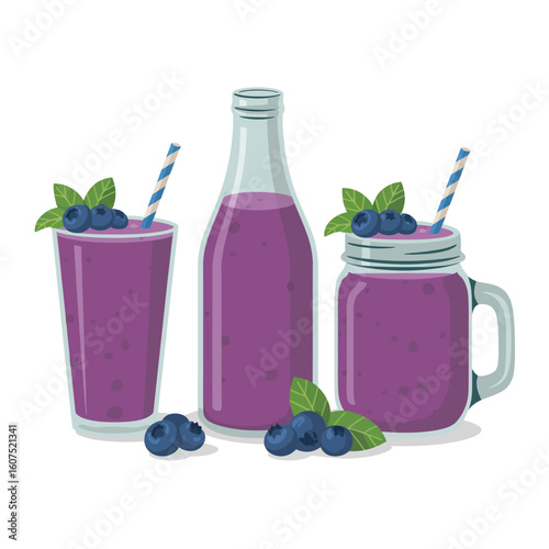 Refreshing blueberry drinks in glassware with fresh berries