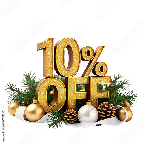 10% OFF discount sign with Christmas decorations and ornaments
