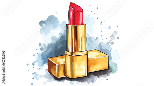 Luxurious Red Lipstick in Elegant Golden Metal Box with Watercolor Paint Design