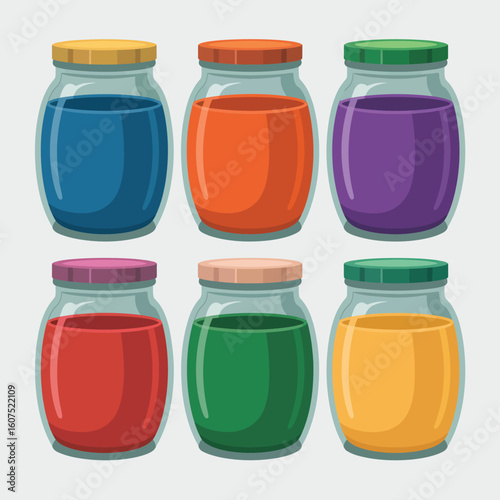 Six jars of colorful liquid paint or ink