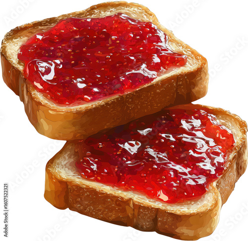 Two slices of toast topped with vibrant red strawberry jam.  The toast is light golden brown,  and the jam is spread evenly, appearing slightly glossy