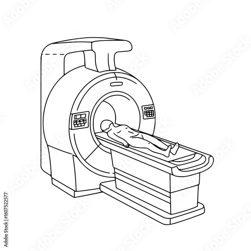 Line drawing of MRI scanner with patient lying inside for examination, isolated vector image on transparent background
 