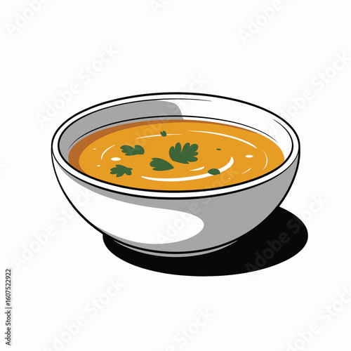 A bowl of creamy orange soup garnished with fresh herbs