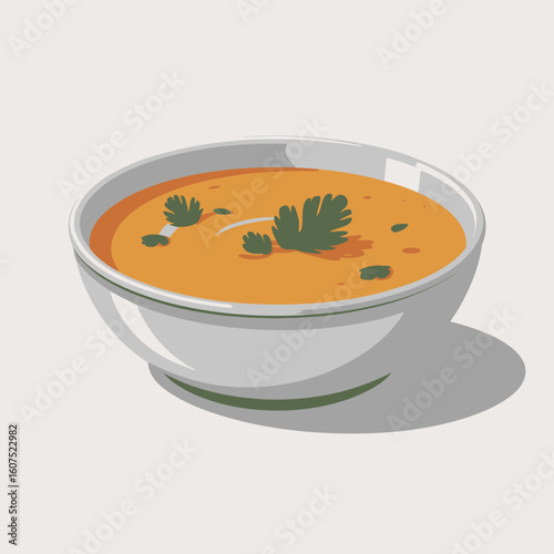 A bowl of delicious orange soup garnished with fresh herbs