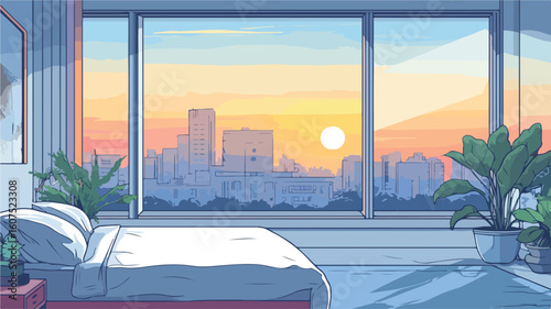 Tranquil Urban Bedroom with Sunset View Simple Line Vector Illustration