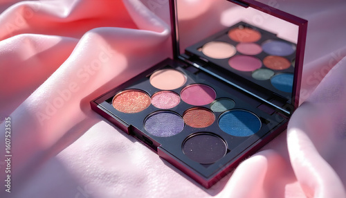 Palette of Colors: A vibrant palette of eyeshadows rests on a delicate pink satin fabric, inviting artistic expression, beauty, and enhancing natural elegance.
