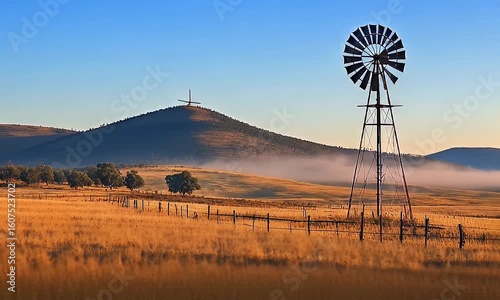 Windmill in field, foggy hill backdrop, blue sky, fence and rows of sparse trees