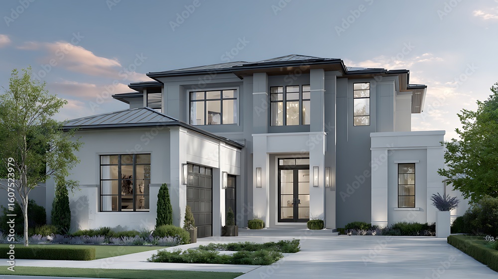 Obraz premium Gray modern house exterior shows architectural design. Property stands on a manicured lawn. Suitable for real estate marketing, design, or web use.