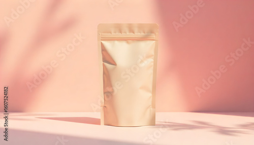 Kraft Packaging Shadow Play: A minimalistic studio shot featuring a kraft paper pouch bathed in warm, ambient light, its subtle textures accentuated by soft shadows.