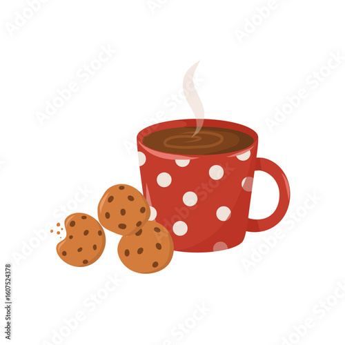  up of hot tea, red polka dot coffee with cookies. Round cookies with chocolate chips. Cookie crumbs