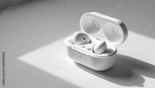 Earbuds and Case: A minimalist aesthetic showcases wireless earbuds resting inside their charging case, bathed in soft light, ready for the auditory journey.