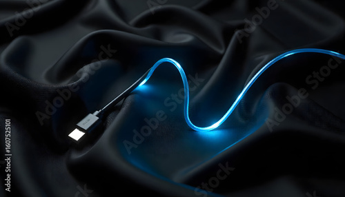 Illuminating Cable: A sleek, blue-lit cable elegantly winds across a luxurious, dark silk fabric, hinting at advanced connectivity and modern technology.
