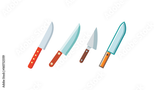 Four kitchen knives with wooden handles arranged on a white background