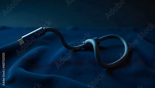 Cable Connection on the Dark Fabric: A close-up view of a coiled cable gracefully resting on a dark, textured fabric, symbolizing technology and connectivity, with subtle shadows and ambient lighting.