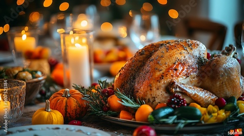 Festive thanksgiving dinner table with roasted turkey and autumn decorations