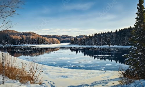 Winter landscape with snow-covered banks reflecting the trees and sky on the water