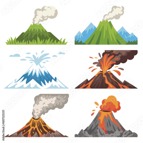 Diverse volcano eruptions illustrated in a six panel collage