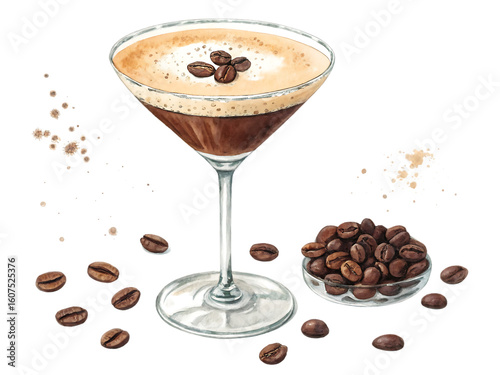 A delicious espresso martini with coffee beans isolated on transparent background