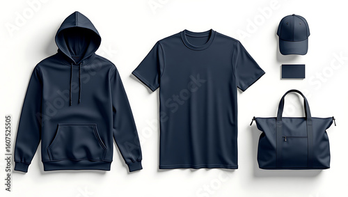 Create a realistic mockup of a design template. Navy color palette. Classic stationery template. Hoodie, T-shirt, Hat, Cap, Travel bag, Business card, isolated on a plain white background.