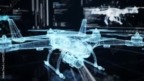 Drone Design Concept: Blue Wireframe Model on Display